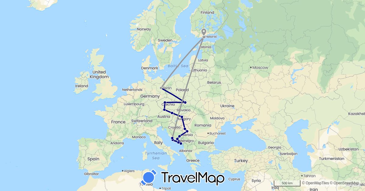 TravelMap itinerary: driving, plane in Austria, Bosnia and Herzegovina, Czech Republic, Germany, Finland, Croatia, Hungary, Montenegro, Poland, Serbia (Europe)